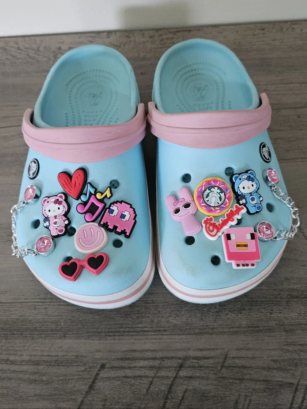 CROCS Kid Light Blue Clog Sandal Pink Trim Charms Girl J 3 Hello Kitty Minecraft